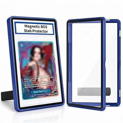 Magnetic BGS Slab Protector with Foldable Kickstand - UV Protection Tempered Glass & Aluminum Metal Bumper for 35PT Beckett Graded Cards, 9-Point Secure Lock Display Guard & Clear View (Dark Blue)