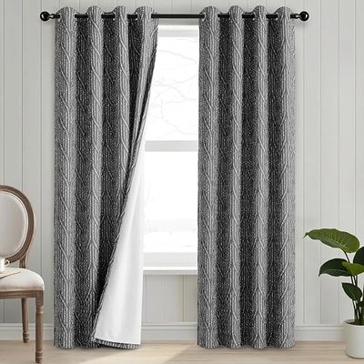 Dark Grey and White Full Blackout Curtains, Geometric Patterned Window Treatments, 52 Inch Wide 96 Inches Long 2 Panels, Room Darkening Grommet Curtains for Bedroom Living Room