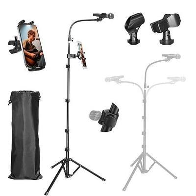2 in 1 Foldable Microphone Floor Stand with Phone/Tablet Holder, 78’’ Tall Height Adjustable Mic Boom Tripod, For Singing, Performance, Karaoke, Speech, Stage, 17" Min Storage size with Bag