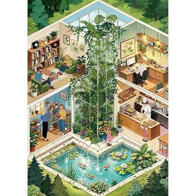 Greenhouse Garden Puzzles for Adults 1000 Pieces, Botanical Plant Puzzle | Botanical plant art jigsaw puzzle with greenhouse, koi pond, cozy rooms, books, flowers, leafy plants, and wall decor.