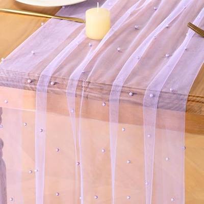 MLMC Lilac Purple Pearl Table Runner Sheer Tulle Gauze Table Runner 10Ft | Boho Rustic Beaded Gauze Table Runner Lightweight Cheese Cloth Centerpiece for Wedding Events Home Decoration 29"x120"