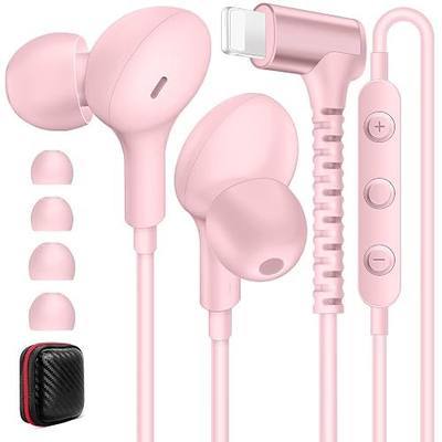 iMangoo for Apple MFi-Certified Wired Earbuds 90° Angled Headphone, Pink | 3 Sizes Ear Buds Tips Corded Earphones with Mic, Remote Control,Stereo Music for Gym, Commuting for iPhone 14 Plus 13 12 11