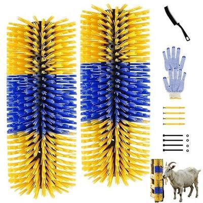 2PCS Horse Scratcher Goat Brush Post, Livestock Scratching Brushes | Stiff Bristle, Itch Relief, Self-grooming, Full Massage, Livestock Scratch Brushes w/Durable Screws Cleaning Tool and Gloves