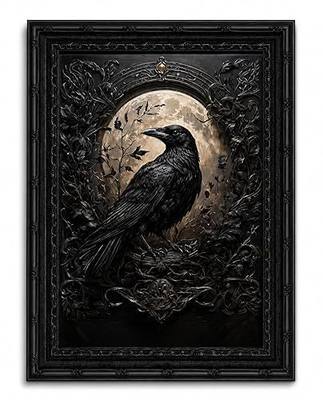 3D Gothic Raven with Full Moon Framed Wall Art, Black Carved Frame Textured Crow Print, Dark Academia Witchy Decor for Living Room Bedroom Study-9x11in