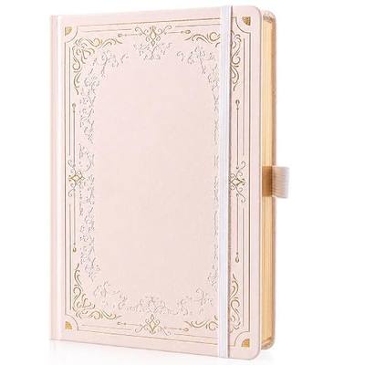 Leather Journal Notebook for Women, Elegant Gold Foil Gilded Edge Lined Journal for Writing, 320P 100gsm Vintage Leather Notebook Journal with Pen Holder, Elastic Band, A5 Travel Journal (Cream)