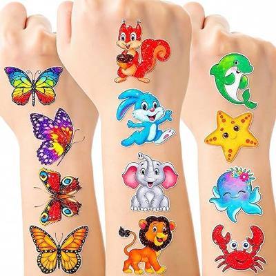 Habett Glitter Temporary Tattoos for Kids, 144PCS Mixed Styles Pre-Cut Temporary Tattoos Stickers Set for Girls and Boys, Animals Butterfly Dinosaur Temporary Tattoos for Kids Birthday Party Supplies