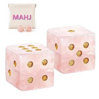 Crystal Mahjong Dice Set (2 Pcs) with Custom MAHJ Logo Dice Bag – PU Squeeze Mini Pouch for Pink Gemstone Dice, Chips & Tiles Storage – American Mahjong, Board Games, Casino Night, Gift for Players
