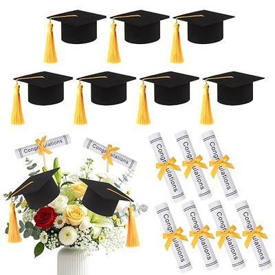 Graduation Decorations 2026, 14 PCS Black and Gold 3D Felt Graduation Cap and Diploma Scroll Centerpiece Sticks for Tables, Class of 2026 Grad Party Table Toppers, Flower Bouquet and Vase Inserts