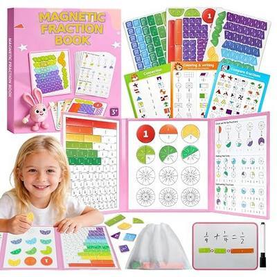 Magnetic Fraction Playbook for Kids – Visual Fraction Tiles & Circles Puzzles with Dry-Erase Board, Activity Cards & Storage Bag, Montessori Math Manipulatives for Homeschool & Elementary Grades K-3