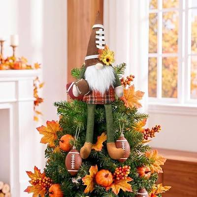 Soulchen 17.7 Inch Fall Football Gnome Tree Topper Nordic Tomte Dwarf Plush with Sunflower Leaf and Dangle Legs Thanksgiving Harvest Autumn Tree Topper for Farmhouse Home Game Day Party Decor