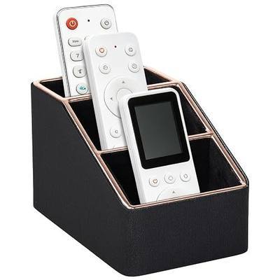 Rose Gold Edge Inlaid Leather Desktop Organizer, Remote Control Holder,Nightstand Remote Caddy, Multi-Functional Storage Box for Cellphone,Pens, Makeup Brushes, Lipsticks & Small Cosmetics (Black)