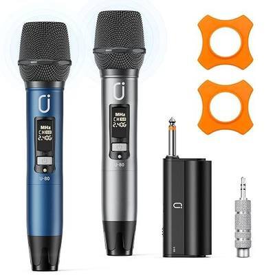 Wireless Microphone System with 2 Rechargeable Metal Handheld Microphones, Plug & Play 1/4" Receiver, LCD Display, for Karaoke, PA Speakers, Amplifiers, Teaching, Presentations, Church & Events