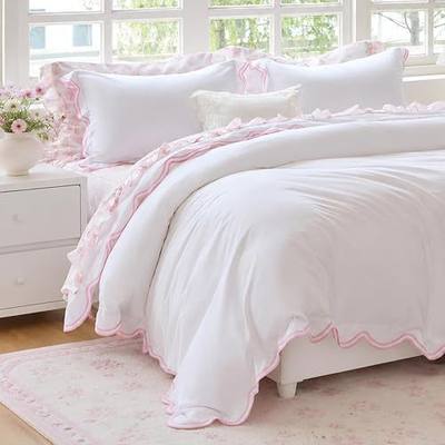 Brandream Kid's Duvet Cover Full/Queen Size 100% Organic Cotton 3 Pieces Girl Bedding Duvet Cover Shams Set, Delicate Pink Embroidered Scallop Fringe Solid White Color Soft and Breathable