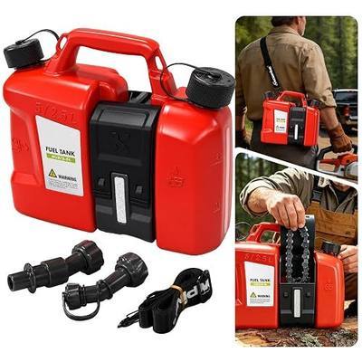 Dual-Chamber Chainsaw Fuel and Bar Oil Can, Portable 2-in-1 Refueling Container with Adjustable Shoulder Strap, Visible Level Window, Covered Tool Storage Box and Leak-Resistant Pour Spouts for Forestry Yard Farm Work
