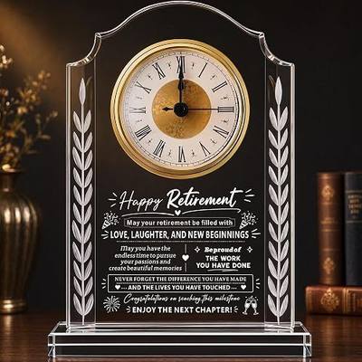 Retirement Gifts for Women Men, Crystal Clock Plaque, Happy Retirement Keepsake for Coworker Boss Teacher Nurse, Desk Decor, 8 x 6.8 Inch