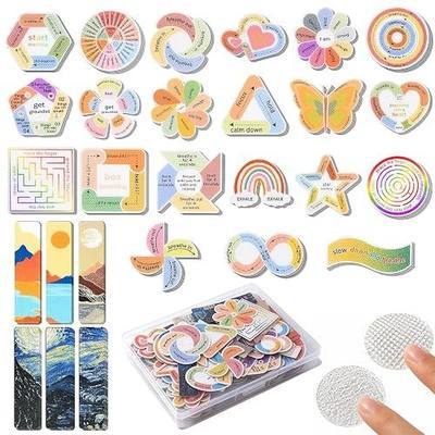 108 Pieces Sensory Stickers for Calm & Anxiety, Storage Box | 27 Themes, 2 Textures, Waterproof Mindfulness Stickers for Adults & Teens, Office or Classroom Desks