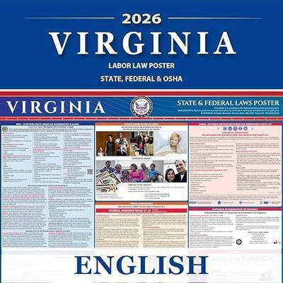 Virginia Labor Law Poster State, Federal, OSHA Compliant, 2026 All-in-One 24x36 inch UV Waterproof Laminated (English)