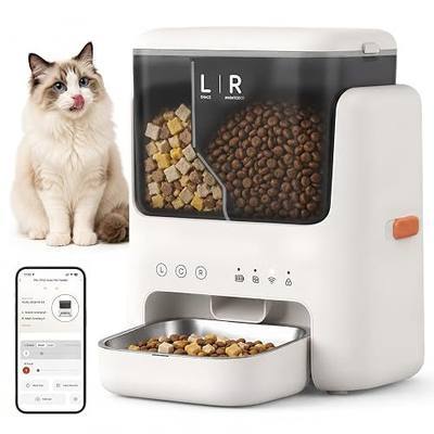 Automatic Cat Feeder, Dual Hopper for Meals & Treats, App Control | Two dry food choices, app feeding plans, 5L capacity, removable bowl, and backup power option for indoor feeding.