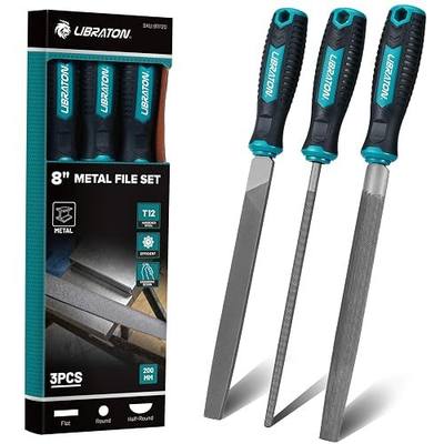 LIBRATON Metal Files, 3PCS Metal File Set, 8" Multi-Shape Files for Metal | Flat, Round, Half-Round Hand Files, High-Carbon Steel Files for Metalworking, Woodworking, Hard Plastics