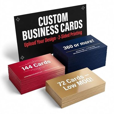 Custom Business Cards, Full Color Printing, Glossy Cardstock, 100-1000 Qty | Single or double-sided printing on 16PT or 18PT cardstock with custom logo design options included.