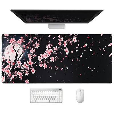 Extended Cherry Blossom Desk Mat, XXL Large Gaming Mouse Pad, Japanese Sakura Moon Stitched Edges Waterproof with Non-Slip Rubber Base for Computer Keyboard Laptop Work Home Office 35.4"x15.7"