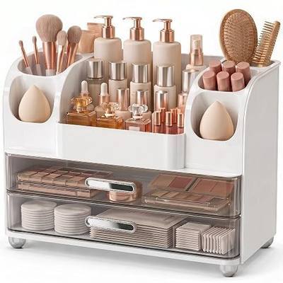 Large Makeup Organizer Countertop for Vanity Skincare Organizers | Bathroom Organizers and Storage with Brushes Holders, Waterproof Cosmetic Organizer for Perfumes Lipsticks Nail Polish, White
