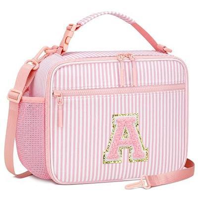 Insulated Lunch Bag for Kids - Cute Initial Lunch Box for Girls Boys with Adjustable Strap, Side Pocket, Leak-Proof Lining for School Daycare Travel Picnic,Back to School (A-Pink)