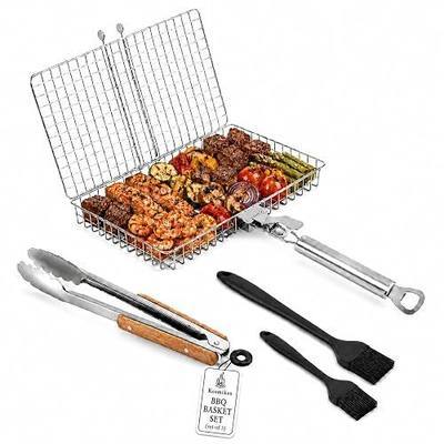 BBQ Grill Basket Set with 12 Inch Tongs & 2 Silicone Basting Brushes, Stainless Steel Folding BBQ Basket for Grilling, Portable Barbecue Grill Basket for Fish, Shrimp, Vegetables, Steak