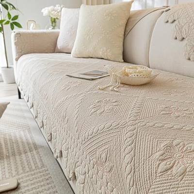 KRFOONN Cotton Quilted Dog Couch Cover for Sofa (Khaki, 2PC 27.6" x 27.6") | Farmhouse Embroidery Sectional Couch Cover Washable, Soft Non Slip Sofa Slipcover Cushion Furniture Protector for Kids, Pets