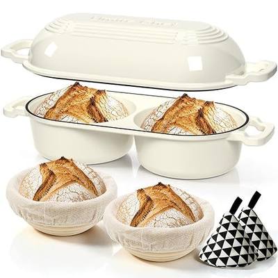 Mini Double Dutch Oven for Sourdough Bread Baking - Enameled Cast Iron Dutch Oven Pot with Lid and 5" Banneton Bread Proofing Basket & Cotton Potholders, Dual Round Bread Loaf Pan (Cream White)
