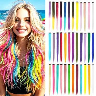 36 Pcs Colored Hair Extensions 22 Inch Rainbow Clip in Hairpieces Long Straight Synthetic Hair Extension for Girls Women Party Highlights Gifts