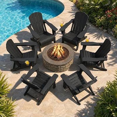 Folding Adirondack Chair with Cup Holder - All-Weather HDPE Outdoor Chair, Ultra-Portable Lawn Chair with Ergonomic Wide Seat Design, Outdoor Chair for Patio Fire Pit Beach Camping (Black, 6PCS)