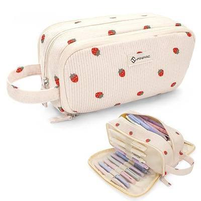 FINPAC Pencil Case, Corduroy Makeup Bag for Women, Kawaii Pen Pouch Holder, Large Storage Organizer for Stationery, Cosmetics and Electrical Products (Strawberry)