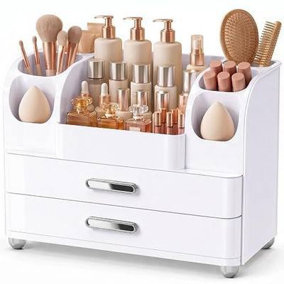 Large Makeup Organizer Countertop for Vanity Skincare Organizers | Cosmetic Display Cases with Drawers and Brushes Holders, Make up Organizers for Perfumes, Nail Polish, Lipsticks, All White