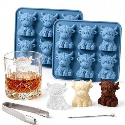 Mini Highland Cow Ice Cube Mold 2 PCS - 3D Highland Cow Ice Cube Tray for Whiskey, Cute Animal Silicone Ice Molds with Ice Tongs & Cocktail Pick for Cocktails, Coffee, Bar Drinks, Party, Gifts (Blue)