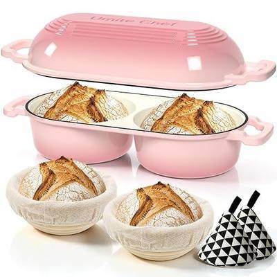 Umite Chef Dutch Oven for Sourdough Bread Baking – Enamelled Cast Iron Bread Loaf Pot – 500°F Oven Safe– Double Round Loaf Space, 16.5“ Diameter, 5" Banneton Proofing Baskets & Cotton Potholders(Pink)