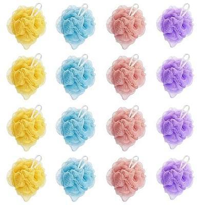 16 Pack Mini Loofah Sponge for Shower 25g Travel Size Bath Sponges Mesh Shower Puff Bath Pouf with Hanging Loop, Body Scrubber for Kids Women Men, 4 Colors