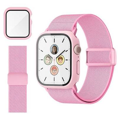 Compatible with Kids Apple Watch Band with Case 38mm 40mm 41mm 42mm 44mm 45mm, Stretchy Nylon Strap with Protective Cover and Screen Protector for iWatch Series 9 8 7 SE3 SE2 SE 6 5 4 3 2 1