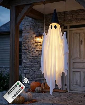 Halloween Hanging Swing Ghost Decor, Spooky Halloween Ghost Decor Outdoor | LED Lights & Remote Control, Timer Function, Waterproof, Solid Wood,With Witch Hat, Rope Adjustable