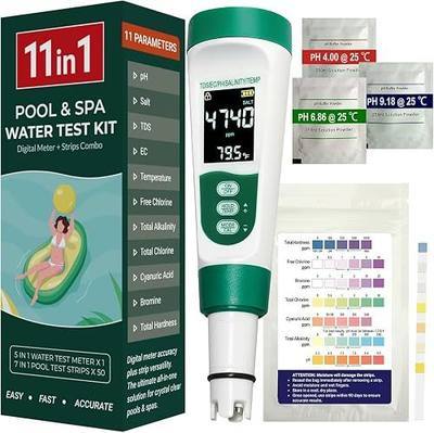 11-in-1 Digital Pool Water Tester Kit Including 5-in-1 Salt Tester for Saltwater Pool & 7-in-1 Pool Test Strips(50 Strips), Test pH Salinity TDS EC Temp Chlorine Bromine Alkalinity Hardness