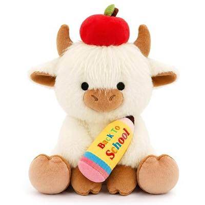 Classroom Highland Cow Plush- Back to School Gift with Holding Pencil | 10inch Highland Cow Stuffed Animal Kawaii Cute Classroom Decor Pencil Stuffy Plushie for School Teacher Student Gift