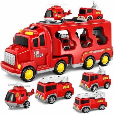 Fire Truck Toy for Kids Ages 2 3 4 5 Years, Fire Carrier Truck withLights and Sounds with 4 Rescue Vehicles, Push and Go Firetruck Playset, Preschool Cars Toy Gifts for Boys Girls