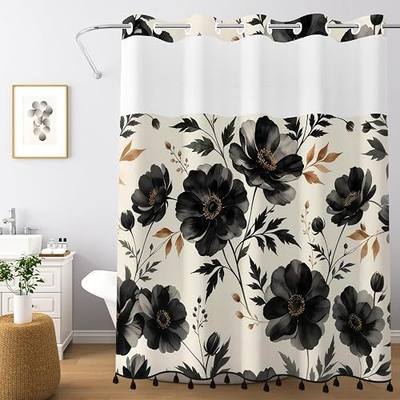 Black Floral Shower Curtain with Snap in Liner & Tassels, 71W x 77L | No Hook Needed, Double Layer Waterproof Fabric with Mesh Top, Dark Botanical Flower Design for Modern & Farmhouse Bathroom