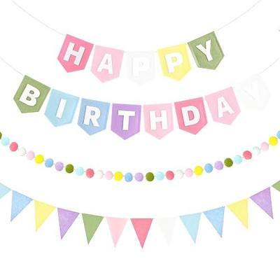 CANREVEL Pre-Strung Happy Birthday Banner, 3 PCS Pastel Happy Birthday Decorations for Women Girls, Felt Colorful Reusable HAPPY BIRTHDAY Sign for Backdrop, Pom Pom Garland, Triangle Fabric Bunting