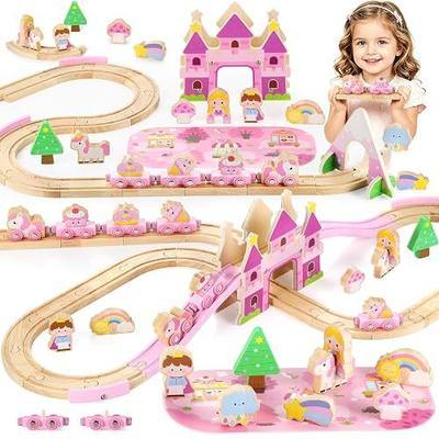 GAGAKU Wooden Train Set for Girls, 41 PCS Unicorn Princess Train Set with Magnetic Cars & Royal Castle Accessories, Pink Fairy Tale Wooden Train Track Set, Birthday Gift for Toddler Girls Toys 3+