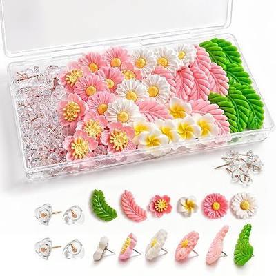 66PCS Flower Push Pins, Decorative Thumb Tacks for Cork & Bulletin Boards | Mixed Floral Set with Larger Resin Designs, Clear Storage Box for Photos, Notes, Vision Boards, Office, School & Gifts
