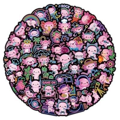 50Pcs Cute Axolotl Stickers for Kids, Waterproof Funny Axolotl Stickers for Water Bottle Scrapbook, Vinyl Animal Decals for Laptop Kindle Scrapbook Journal Party Favors (Axolotl&Neon)