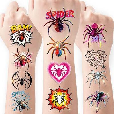 108 PCS Glitter Spider Temporary Tattoos for Kids Adults | Pre-Cut Scary Spider Web Fake Tattoos, Halloween Birthday Party Favors Cosplay Costume Accessories