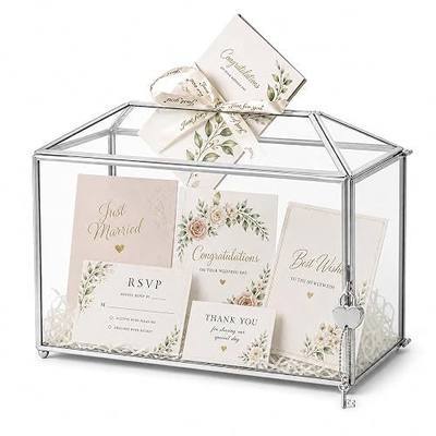 12.6" x 6" x 9" Wedding Glass Card Box with Slot and Lock for Wishing Well, Keepsake, Envelope - Birthday Party Reception Decor, Silver (Glass Box Only) Slot Length 7.3 Inches