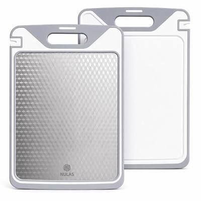 Double Sided Stainless Steel Cutting Board for Kitchen Prep, 304 Steel & PP Sides for Meat, Vegetables and Bread, Dishwasher Safe, Non Slip TPE Edge, Juice Groove, 15.2 x 10.2 in, Gray White